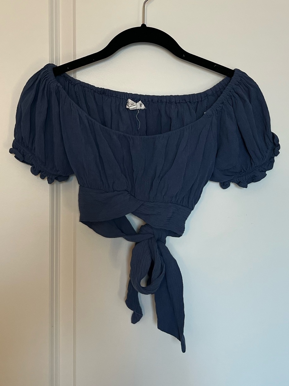 Blue Off-Shoulder Tie-Back Crop Top